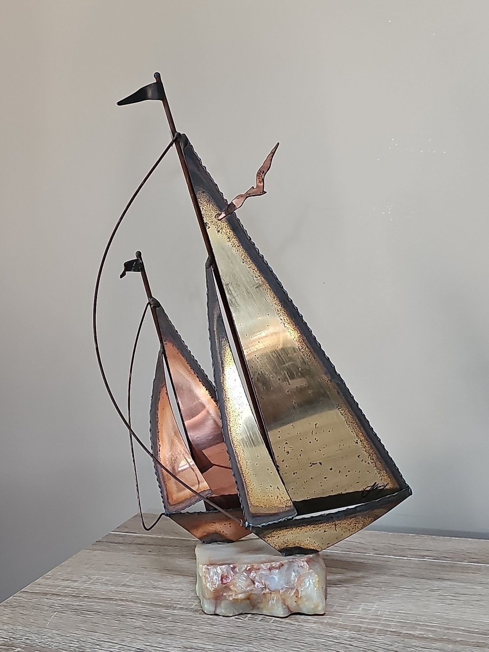 Handcrafted Brass and Copper Sailboat Sculpture - Signed By Artist Mario Jason